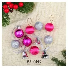 Набор украшений пластик 16 шт "Карнавал" (12 шаров, 4 колокольчика) серебро, малиновый