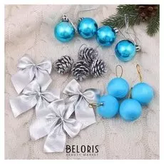 Набор украшений пластик 16 шт "Карнавал" (4 бантика,4 шишки,8 шаров) серебро, голубой