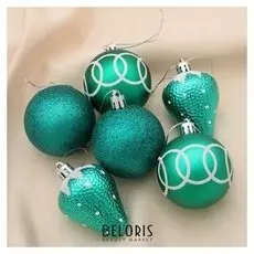 Набор украшений пластик 6 шт "Изумрудик" (4 шара, 2 клубнички) 6 см зелёный