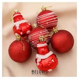 Набор украшений пластик 6 шт "Праздник" (4 шара, 2 снеговика) 6 см красный