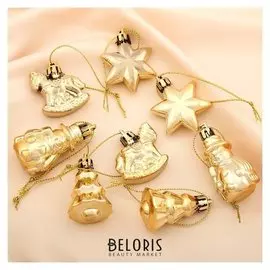 Набор украшений пластик 8 шт "Новогодний" (2 коня, 2 ёлки, 2 снегов., 2 звезды) золотой