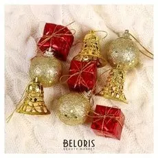 Набор украшений пластик 9 шт "Гранд" (3 шара, 3 подарка, 3 колокольчика) красно-золотой