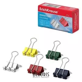 Набор зажимов для бумаг 15 мм, 12 шт., в картонной коробке, цветные, Erich Krause