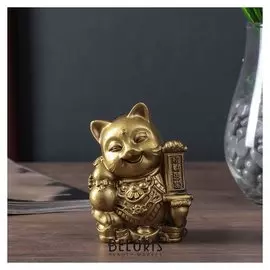 Нэцке полистоун бронза "Кот манэки-нэко с хулу на монетах" 10х6х7 см