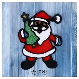 Наклейка на стекло "Дед мороз в колпаке с ёлкой" 13х10 см