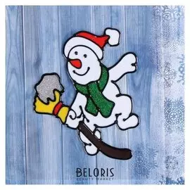 Наклейка на стекло "Снеговик с метлой в снегу" 14х11 см