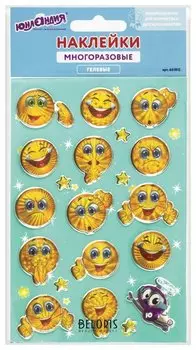 Наклейки гелевые "Смайлики", многоразовые, голографические, 10х15 см