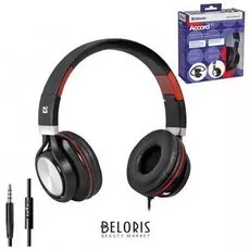 Наушники с микрофоном (гарнитура) DEFENDER Accord 175, проводная, 1,2 м, черная с красным