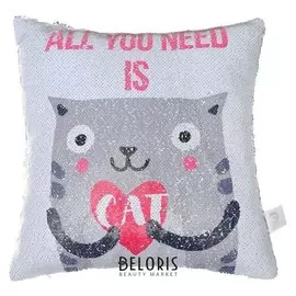 Наволочка декоративная с пайетками "Этель" кошка, 40х40 см, велюр, 100% п/э
