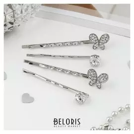 Невидимка для волос "Кварта" 5,5 см (Набор 4 шт) две бабочки стразы, серебристые