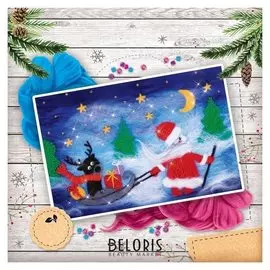 Новогодняя картина из шерсти "Дед мороз с оленем", А4