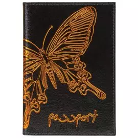 Обложка для паспорта Befler "Бабочка", натуральная кожа, тисненение-принт, черная