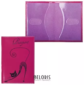 Обложка для паспорта Befler "Изящная кошка", натуральная кожа, тиснение, фиолетовая