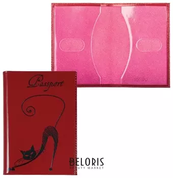 Обложка для паспорта Befler "Изящная кошка", натуральная кожа, тиснение, красная