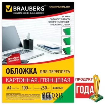 Обложки картонные для переплета, А4, комплект 100 шт., глянцевые, 250 г/м2, зеленые, BRAUBERG