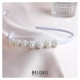 Ободок для волос "Бланш" 0,5 см, бусины цветочки, белый