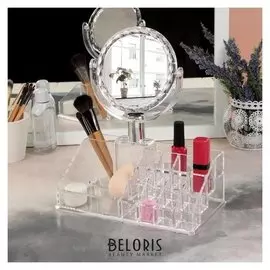Органайзер для хранения косметических принадлежностей, с зеркалом D = 12 см, 16 секций, 22,3 × 12,8 × 25,7 см, цвет прозрачный