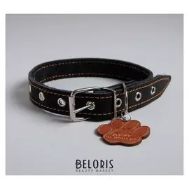 Ошейник кожаный однослойный, безразмерный, 58*2,5,черный с деревянным подвесом "Друг человека" 543