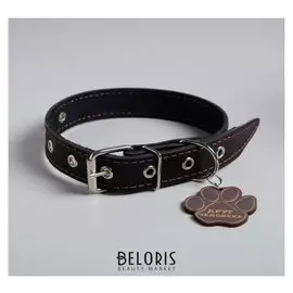 Ошейник кожаный однослойный, безразмерный, 58*2,5, черный с деревянным подвесом "Друг человека" 54