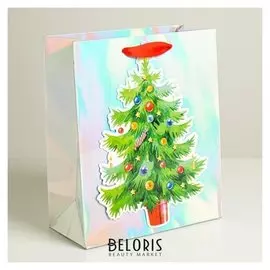 Пакет голографический вертикальный «Новогодняя ёлочка», 25 × 21 × 10 см