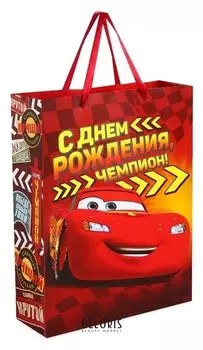 Пакет ламинированный вертикальный "С днем рождения, чемпион!", тачки, 23 х 27 х 11.5 см