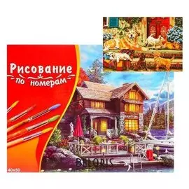 Палитра. холст с красками 40х50 см по номерам в кор. «Ретриверы на крыльце»