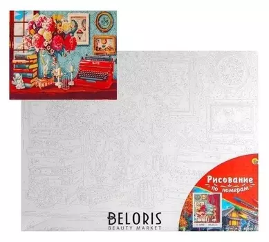 Палитра. холст с красками 40х50 см по номерам, в плёнке «Букет цветов и печатная машинка»