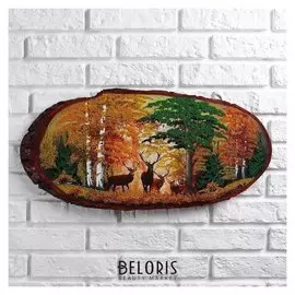 Панно на спиле "Олени. осень.", 60 см, каменная крошка, горизонтальное