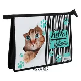 Папка для тетрадей А4, молния сверху, пластик "Приветливый котик"