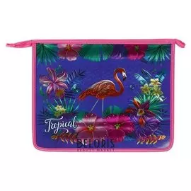 Папка для тетрадей А4, молния сверху, ширина 80 мм, металлизированный и объёмный рисунок Фламинго в цветах