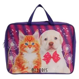 Папка с ручками, текстильная, А4, 80 мм, 340 х 260 мм, «Кот и пёс», ручка-тесьма