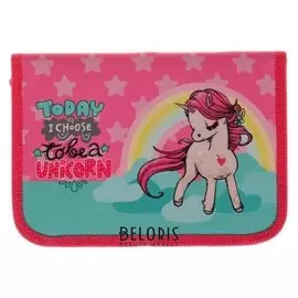 Пенал 1 секция, 2 откидные планки, 140 х 200 мм, тканевый, «Оникс», ПКТ 09-20, «единорог и радуга»