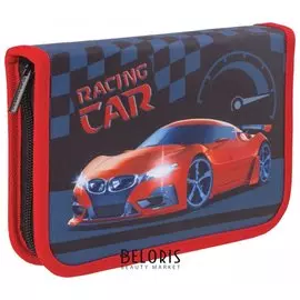 Пенал без наполнения 1 отделение, 1 откидная планка, ткань, 20х14 см, "Racing Car"