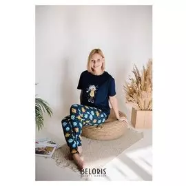 Пижама женская (Футболка, брюки), цвет тёмно-синий, размер 44