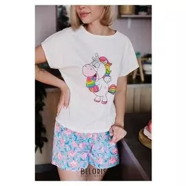 Пижама женская (Футболка, шорты), цвет молочный/голубой, размер 48