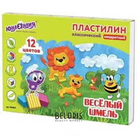 Пластилин классический "Весёлый шмель", 12 цветов, со стеком, квадратный