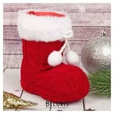 Подарочная упаковка "Сапожок" красный вязаный с помпонами