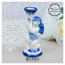 Подсвечник "Ангелок", гжель, фарфор, 12х5 см