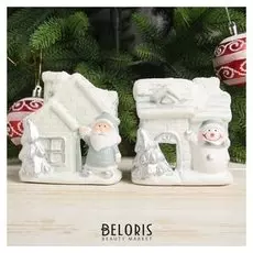 Подсвечник керамика "Дед мороз/снеговичок у домика" серебро 10х9х5 см