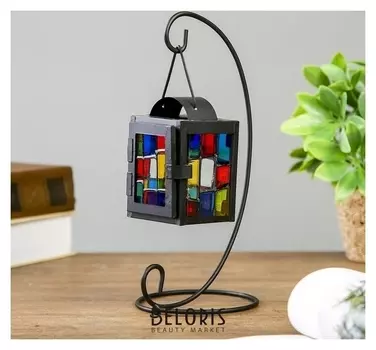 Подсвечник на 1 свечу "Фонарик с витражными стёклами" 22,5х11х10 см