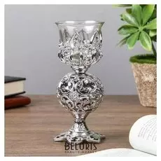 Подсвечник пластик, стекло на 1 свечу "Ажурный шар" бокал на ножке серебро 15х6х6 см
