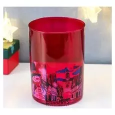 Подсвечник "Снеговик в городе" малина, ручная роспись 15х10,7 см