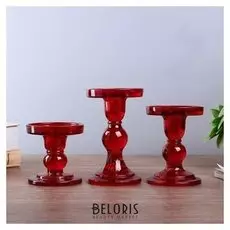 Подсвечник стекло "Креманка" красный набор 3 шт H- 8,5, 11,4, 14х8,5х8,5 см