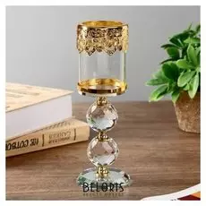 Подсвечник стекло на 1 свечу "Шары кристалл и золотые узоры" 20,5х6,3х6,3 см