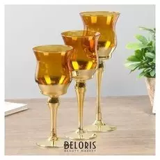 Подсвечник стекло набор 3 шт "Бокалы" высота 18, 20, 22,5 см золото 22,5х7,8х7,8 см