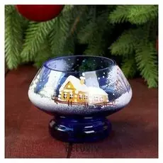 Подсвечник стекло ручная роспись "Зимний домик" синий 9х9х7 см