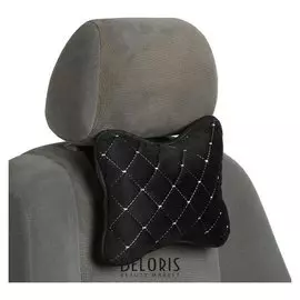 Подушка автомобильная косточка, на подголовник, велюр, ромб, черный, белая строчка, 25 х 19 см, набор 2 шт