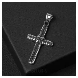 Подвеска "Крест" стальной, плетение, цвет чернёное серебро