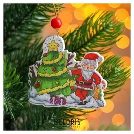 Подвеска новогодняя деревянная «Ёлочка и Дед мороз» 0,5×7,5×6,7 см
