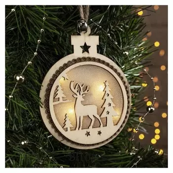 Подвеска световая "Шарик и олени", 11х10х1 см, 4 Led, бат.(В комп), т/белый